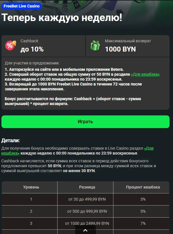 Еженедельный бонус Бетера